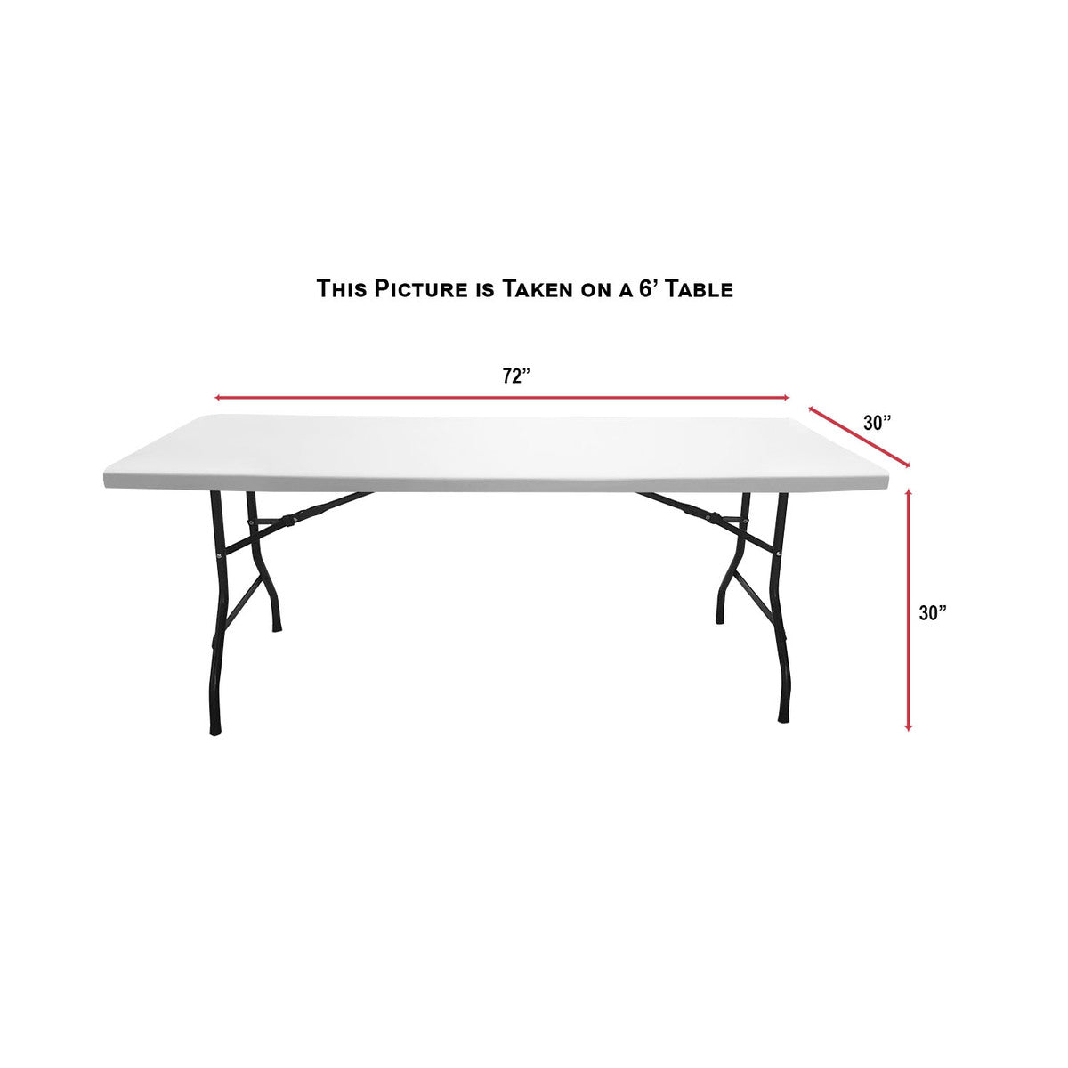 White folding table with black metal legs, measuring 6 feet long by 30 inches wide and 30 inches tall