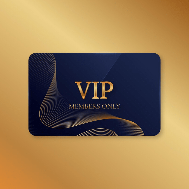 Elegant VIP card with a dark navy background and golden text that reads “VIP MEMBERS ONLY,” featuring smooth gold wave accents for a luxurious look.