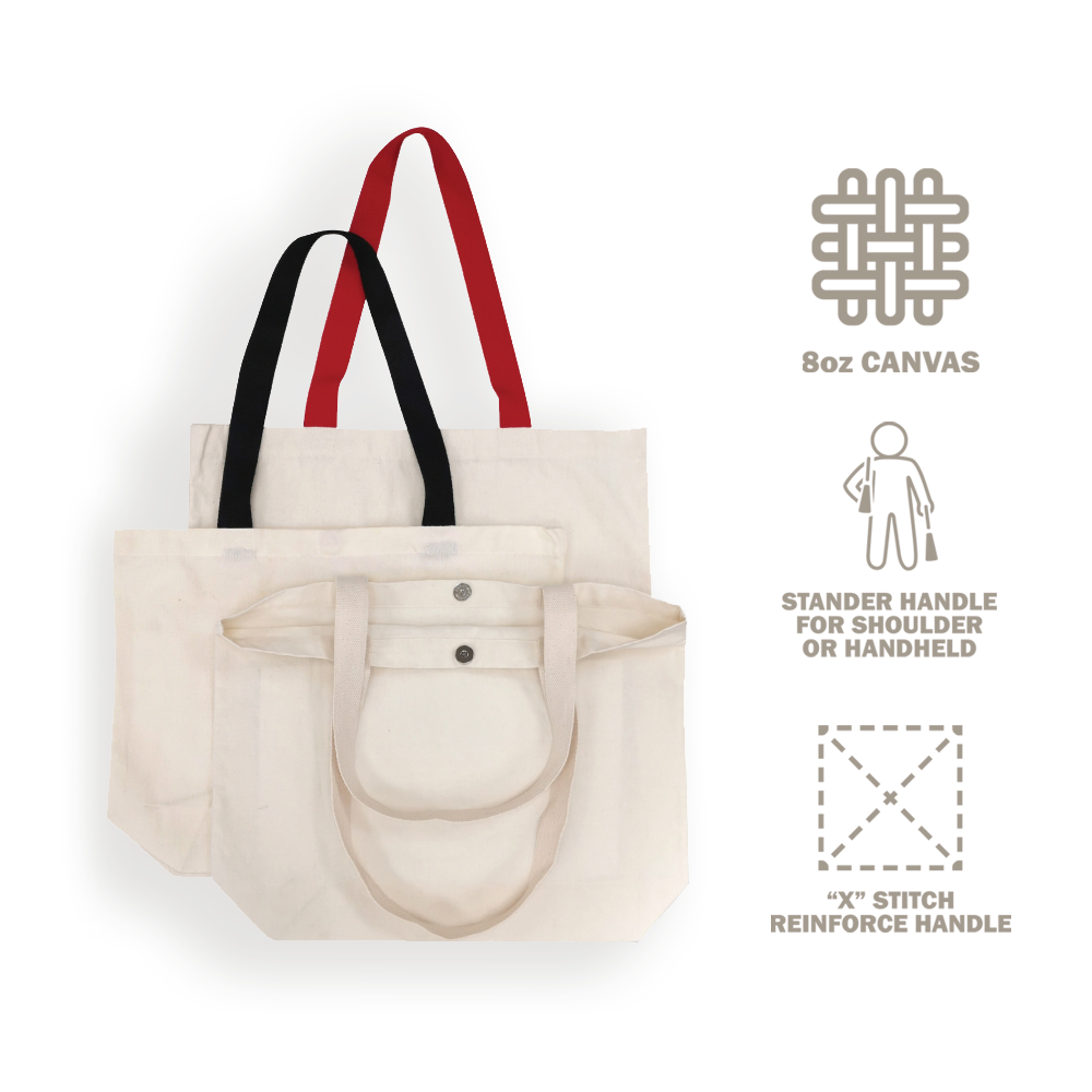 Canvas tote bags in 8oz fabric with magnetic button closure, reinforced handles, and assorted strap colors.