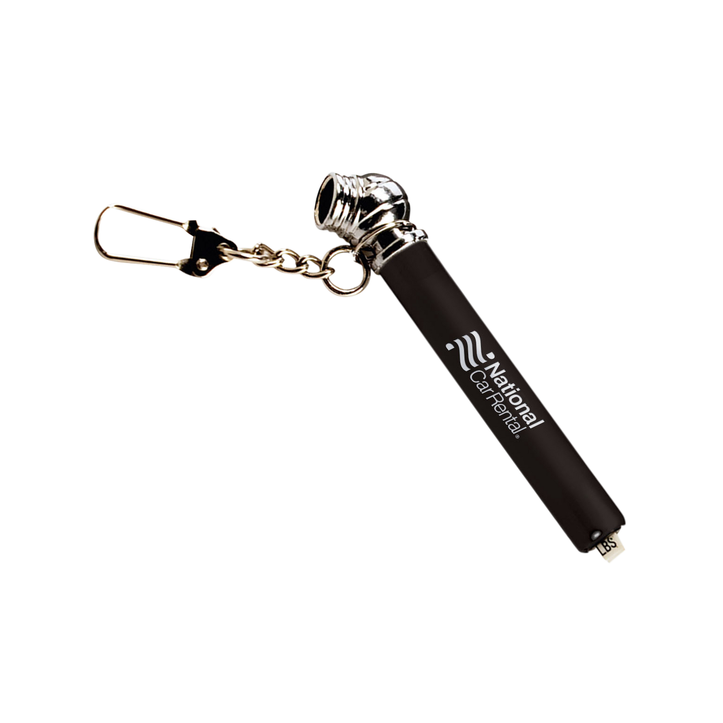 Black Nano Tire Gauge with silver keychain attachment and customized National Car Rental logo, designed for quick tire pressure checks on the go