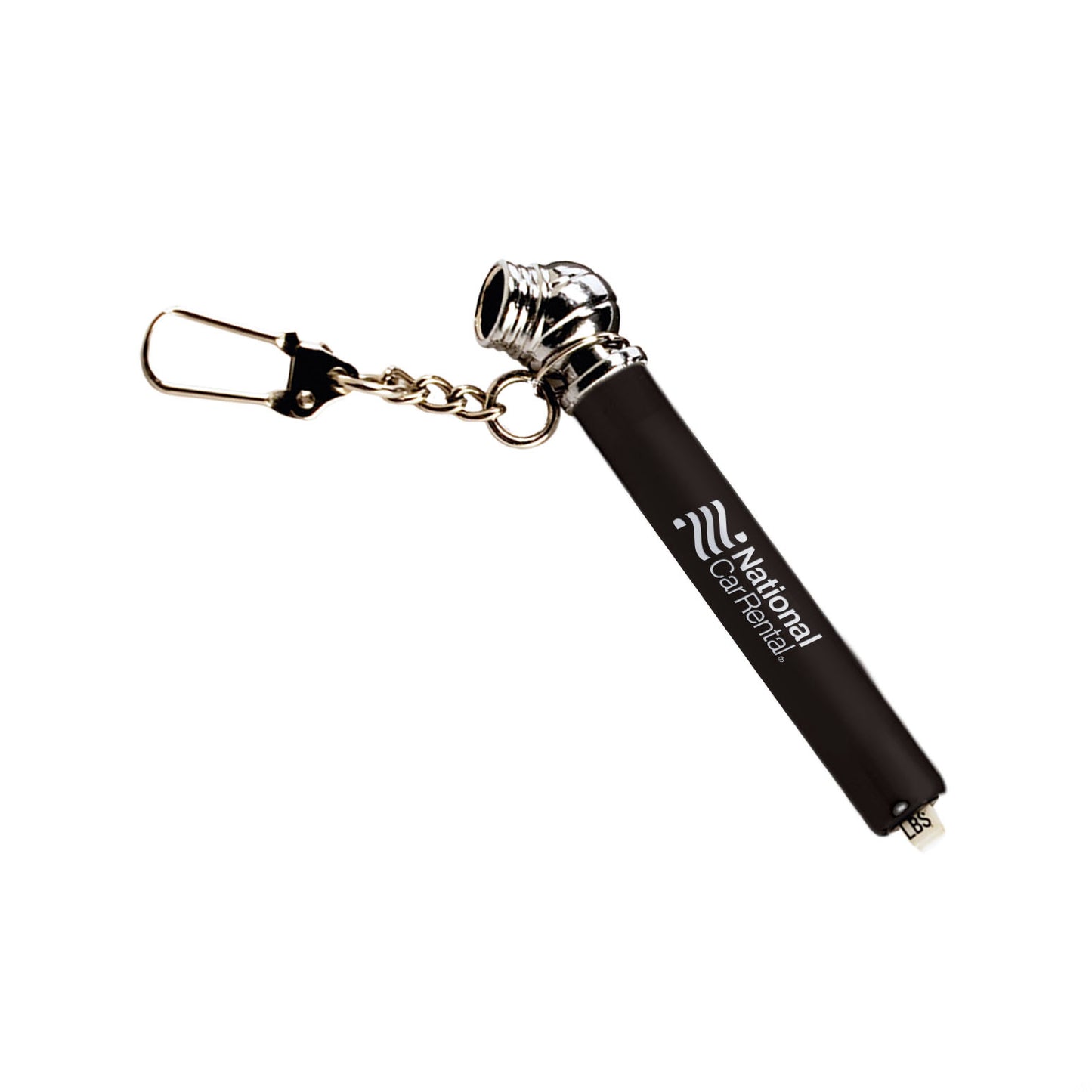 Nano tire pressure gauge with keychain, featuring a black body, chrome-finished gauge head, and customized National Car Rental logo