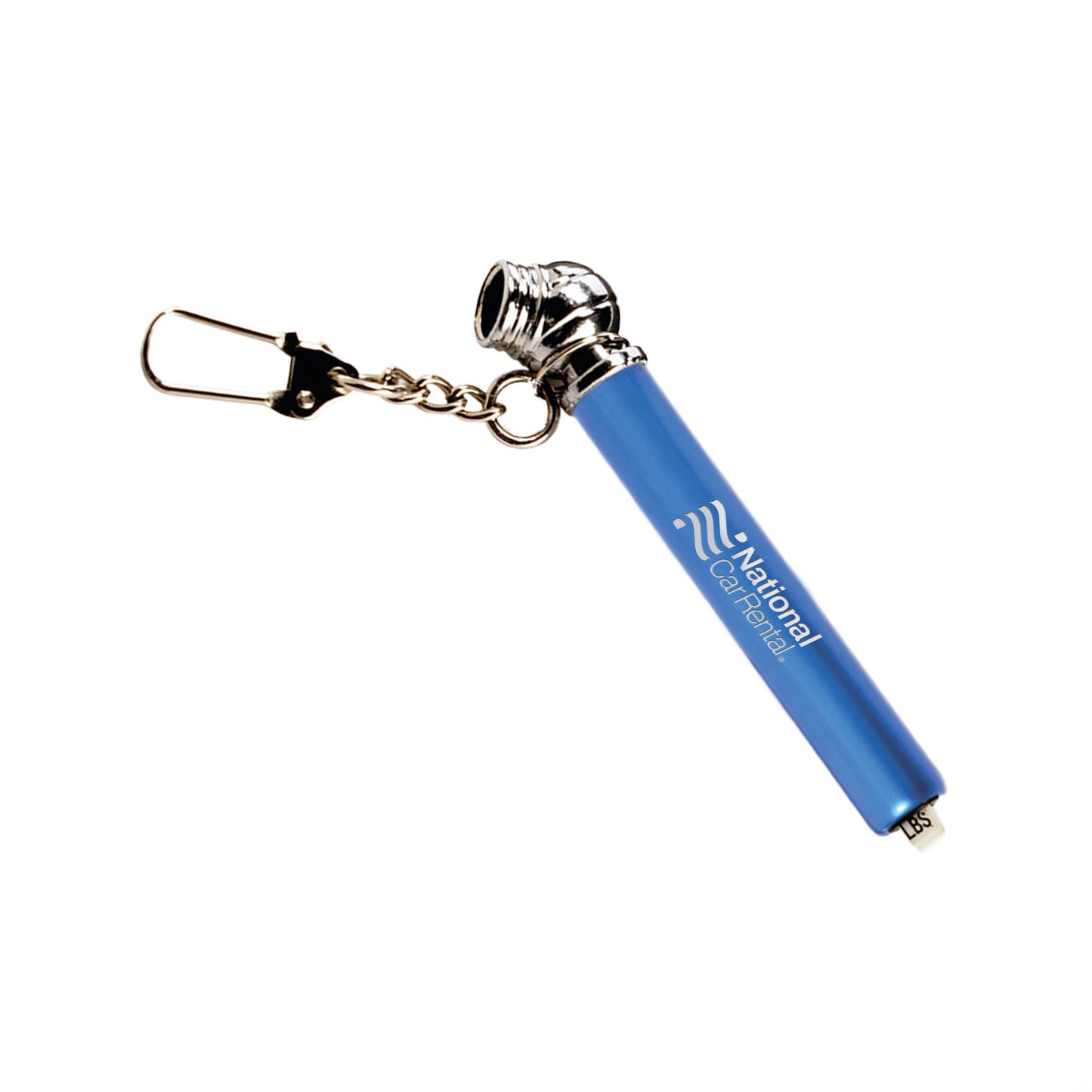 Nano tire pressure gauge with keychain, featuring a blue body, chrome-finished gauge head, and customized National Car Rental logo