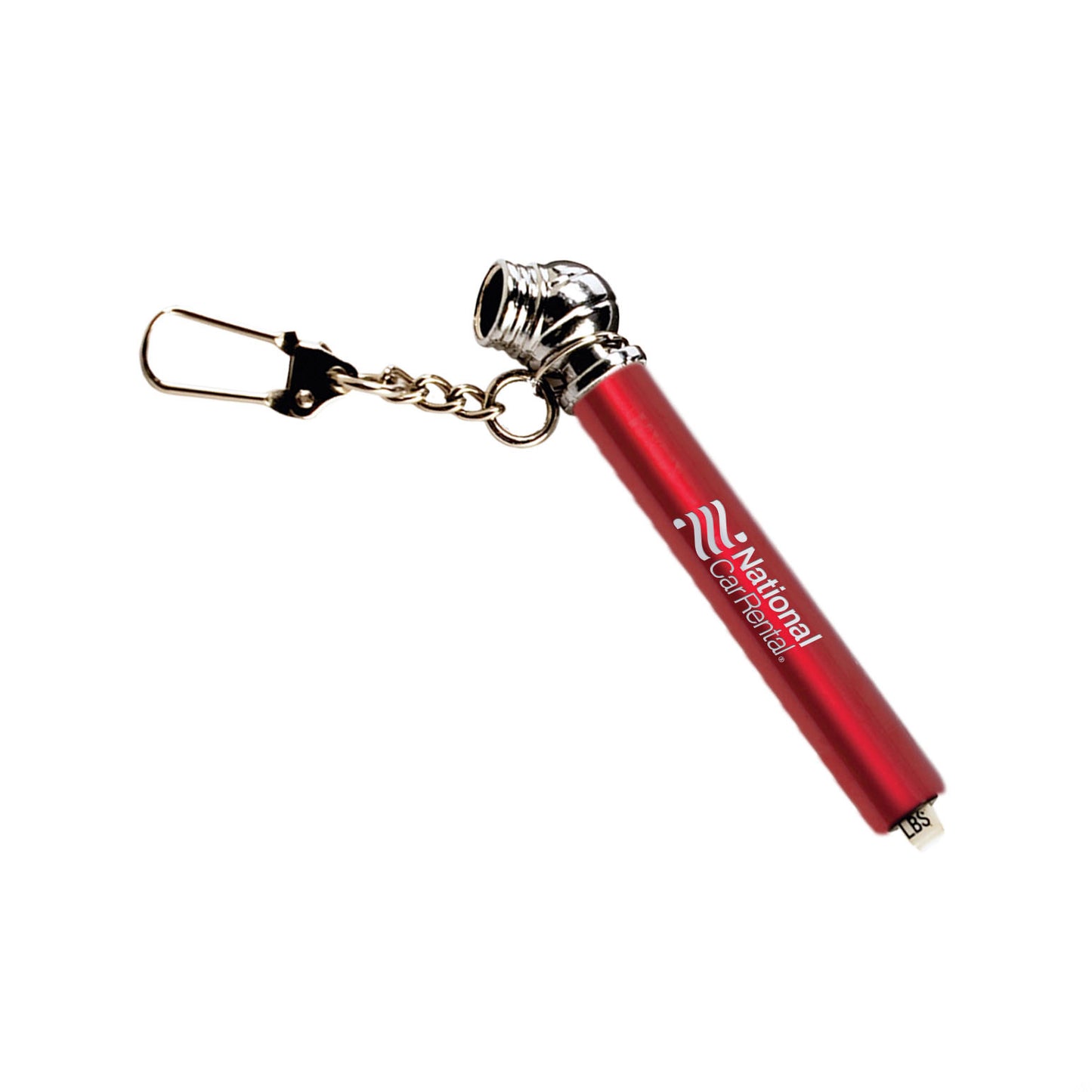 Nano tire pressure gauge with keychain, featuring a red body, chrome-finished gauge head, and customized National Car Rental logo