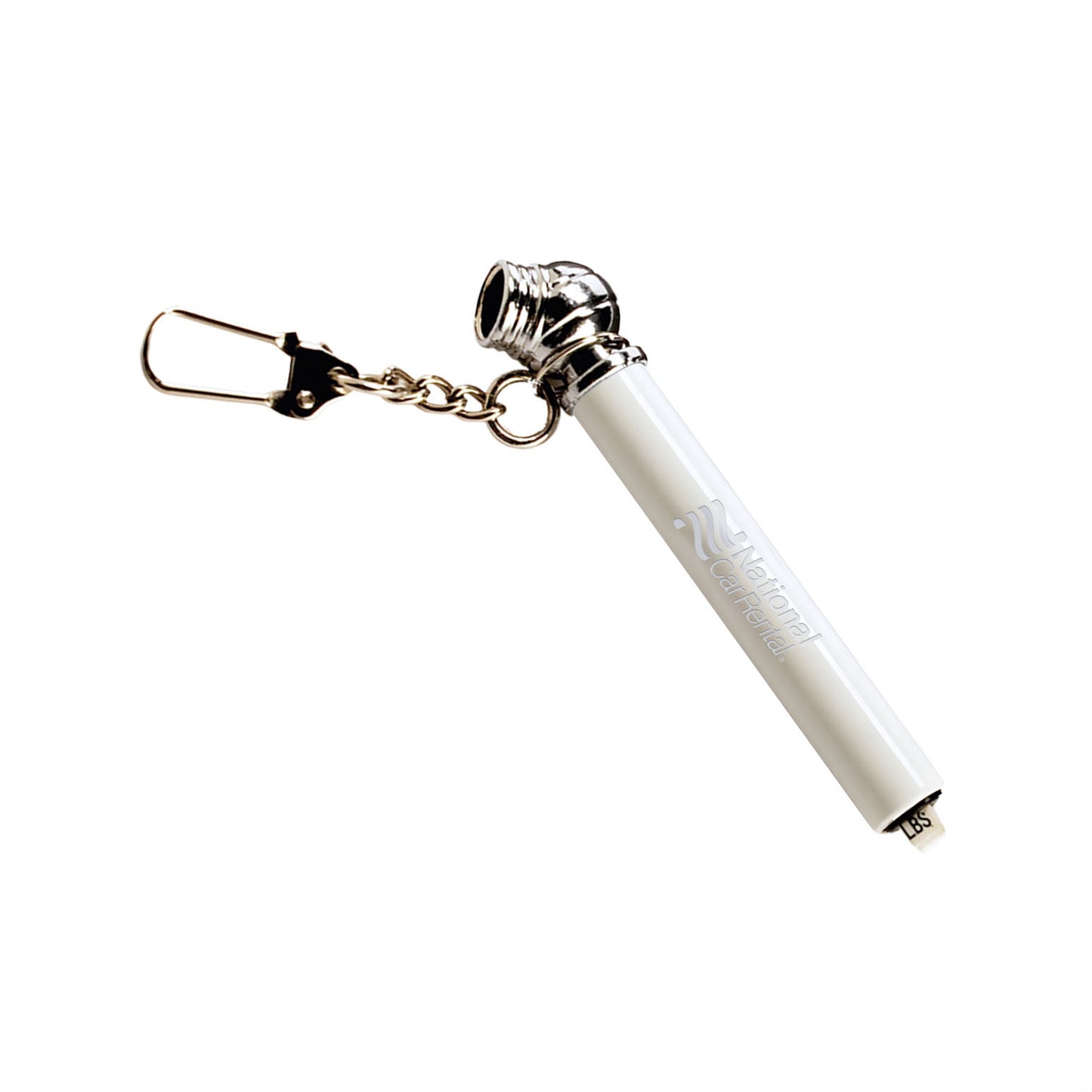 White Nano tire pressure gauge with chrome head and keychain attachment, ready for customized logo imprint