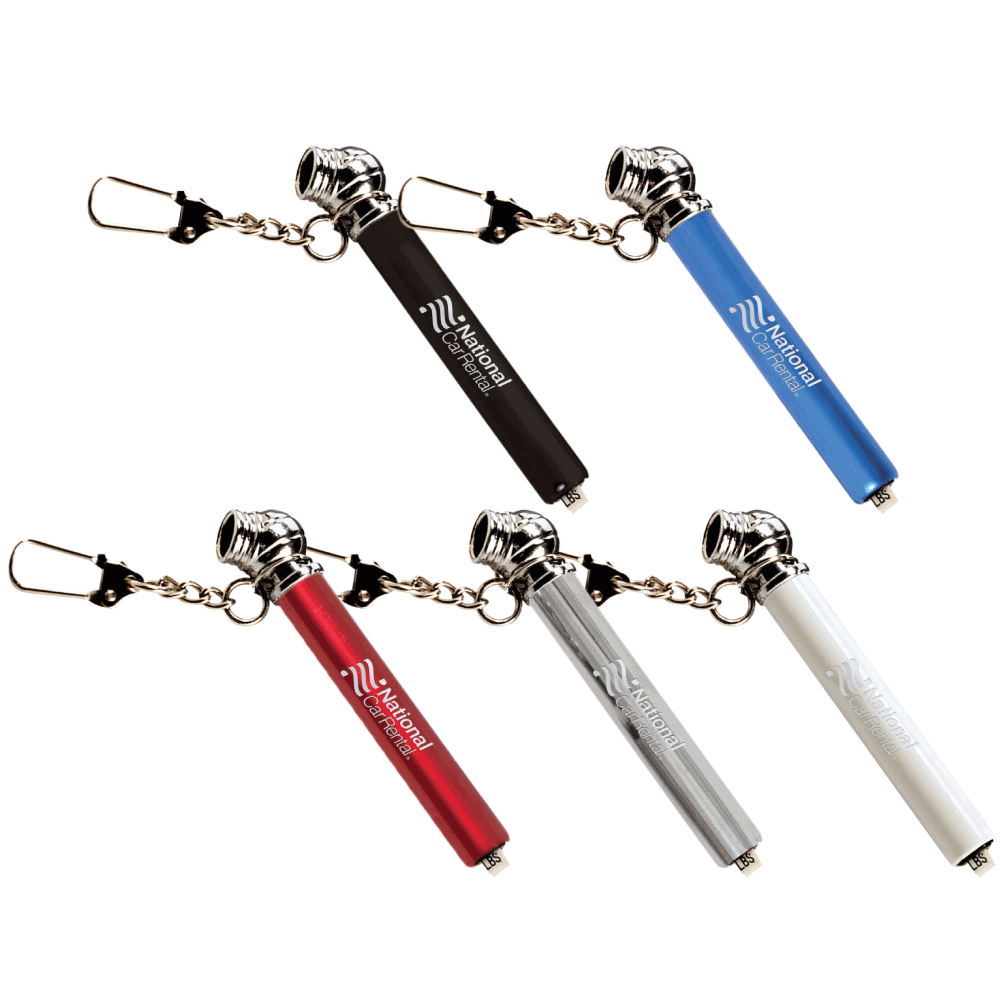 Set of five Nano Tire Gauge keychains in black, blue, red, silver, and white, each with customized logo and chrome-plated head.