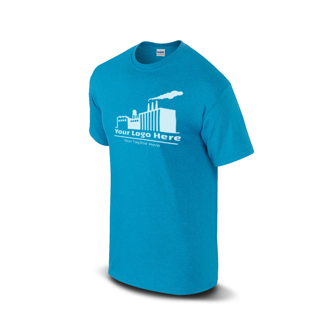 Antique sapphire short-sleeve t-shirt with a white industrial factory logo and customizable tagline.