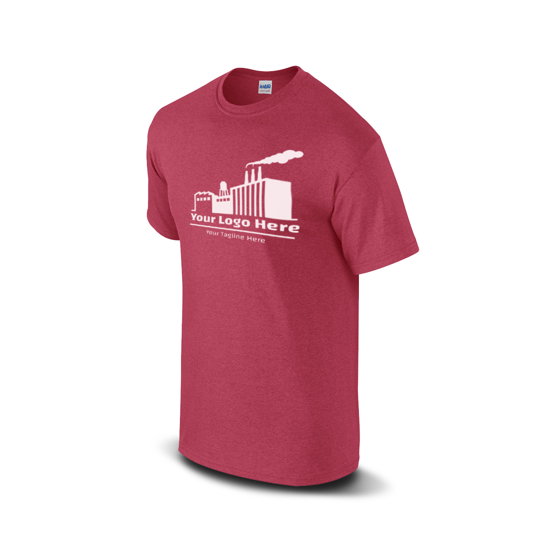 Antique cherry red short-sleeve t-shirt with a white industrial factory logo and customizable tagline.