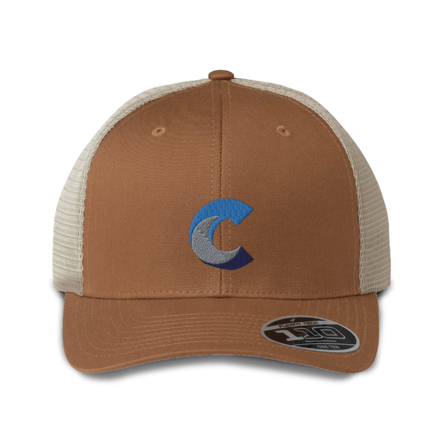 Brown and beige Flexfit 110® mesh-back cap featuring an embroidered blue gradient 'C' logo on the front panel, with a structured front and adjustable snapback; sticker label on the brim indicates brand and sizing.