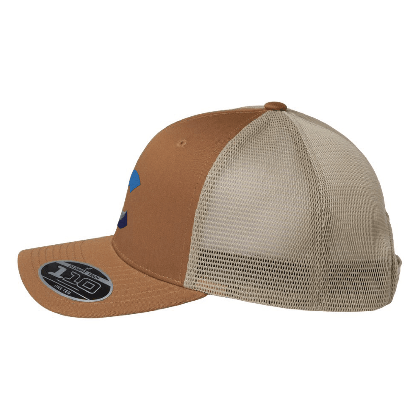 Side view of a brown and beige Flexfit 110® mesh-back cap featuring a curved brim with sticker label and a partially visible embroidered gradient 'C' logo in blue and grey on the front panel; breathable beige mesh covers the back half of the cap