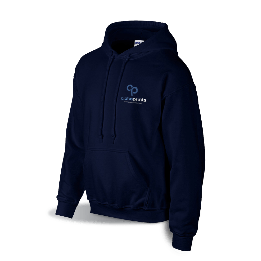 Navy blue Gildan Adult Heavy Blend 8oz Hoodie (G185) with customized embroidery on the left chest, featuring the "alphaprints" logo in white and blue.