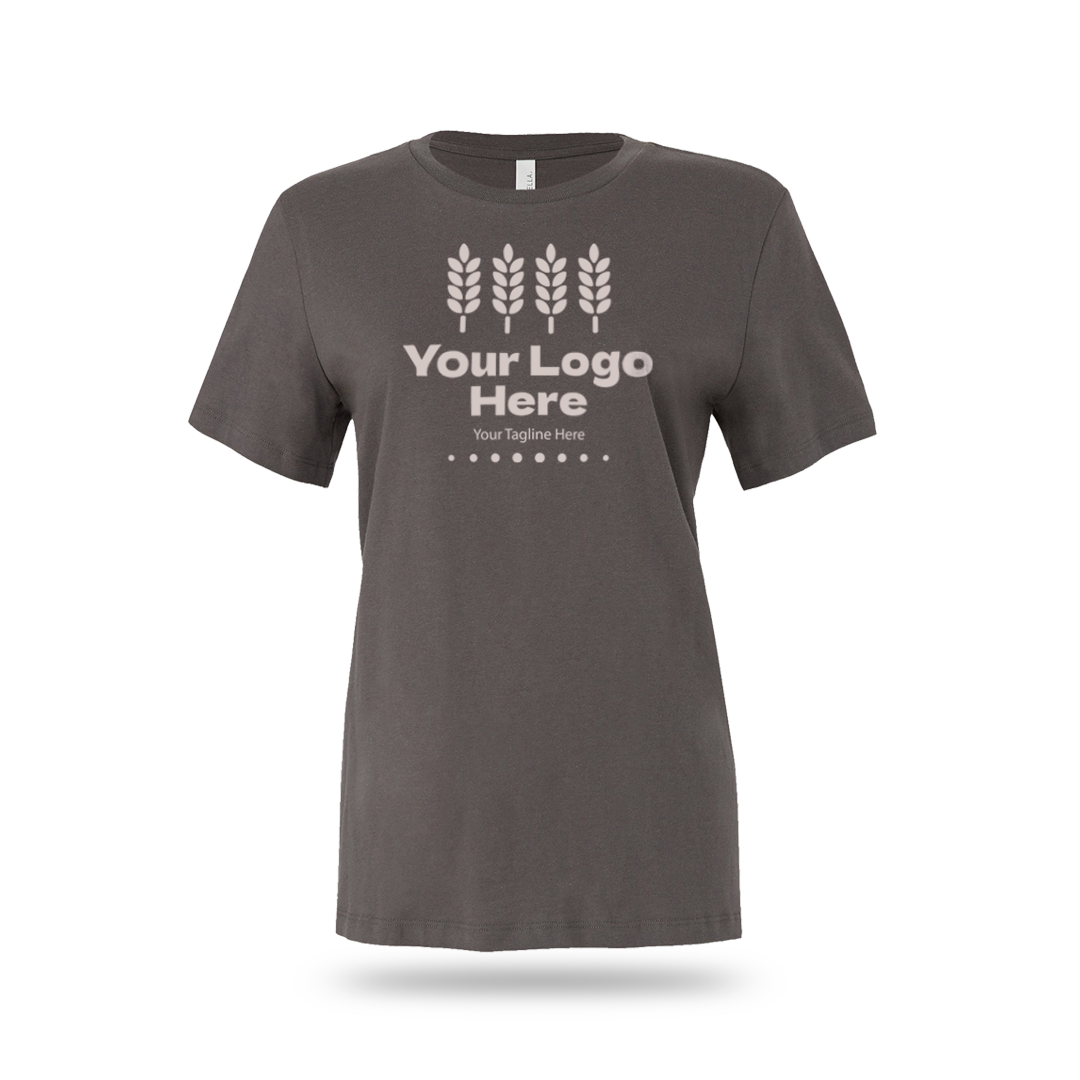 Asphalt Bella + Canvas BCB6400 ladies' jersey short-sleeve T-shirt with custom white logo and text.
