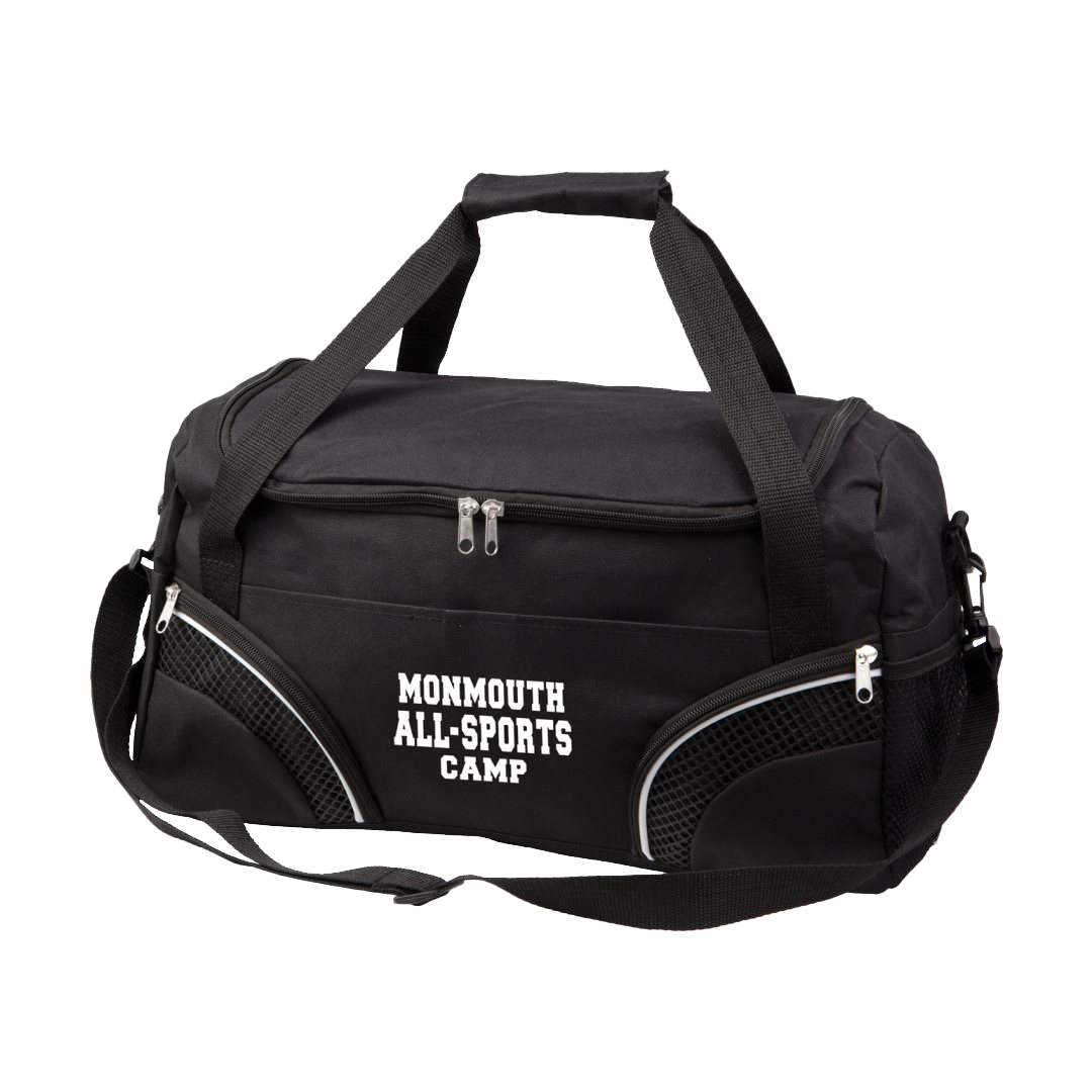 black duffel bag with logo, zippered compartments, mesh pockets, and adjustable strap