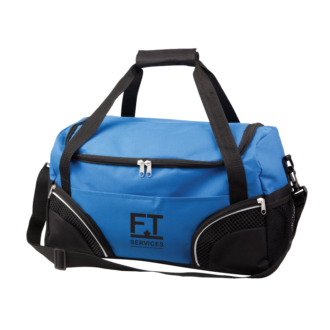Blue and black duffel bag with logo, zippered compartments, mesh pockets, and adjustable strap