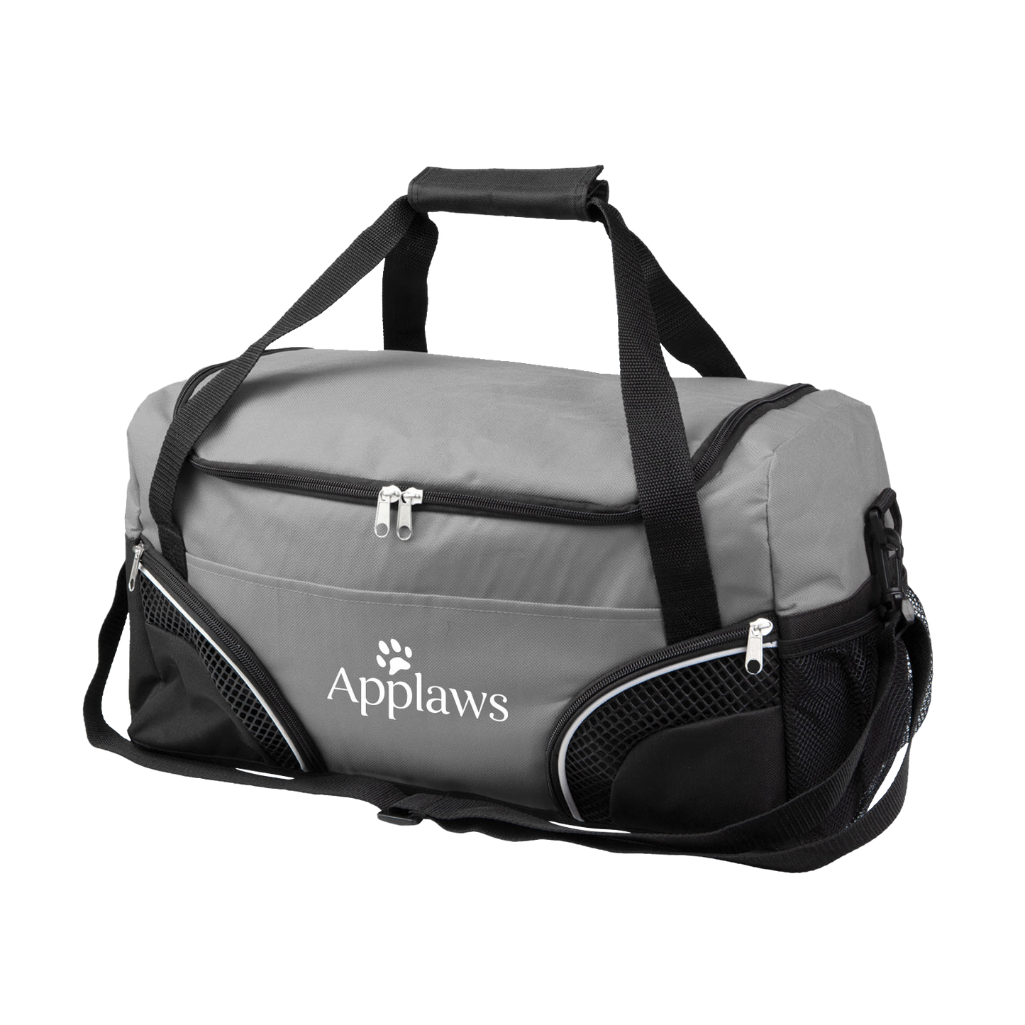 Gray and black duffel bag with logo, zippered compartments, mesh pockets, and adjustable strap
