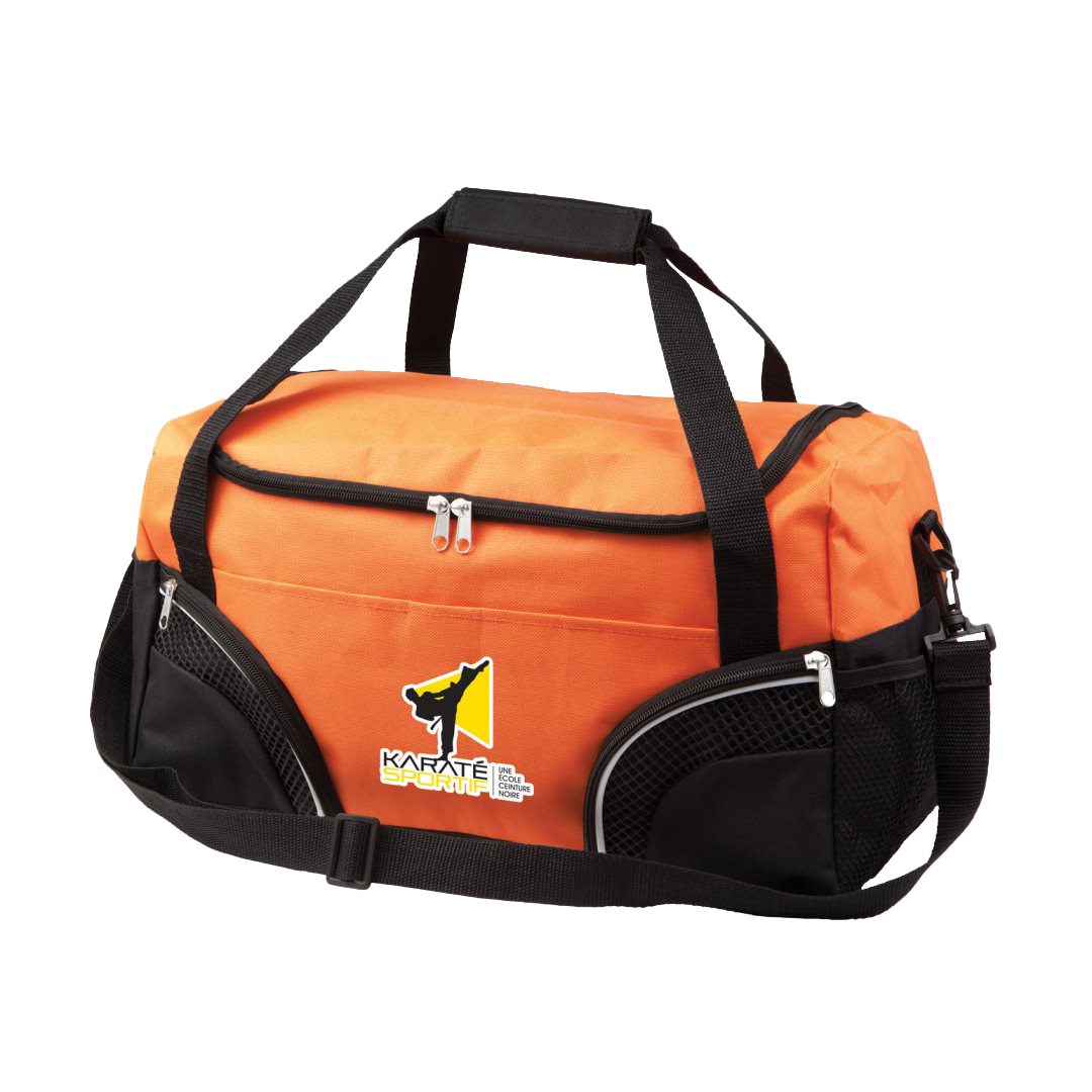 Orange and black duffel bag with zippered compartments and logo, featuring adjustable shoulder strap