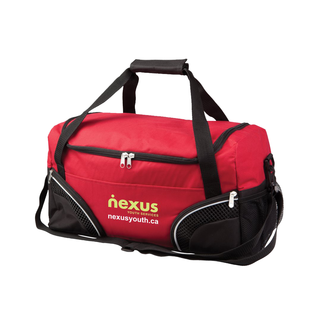 Red and black duffel bag with logo, zippered compartments, mesh pockets, and adjustable strap