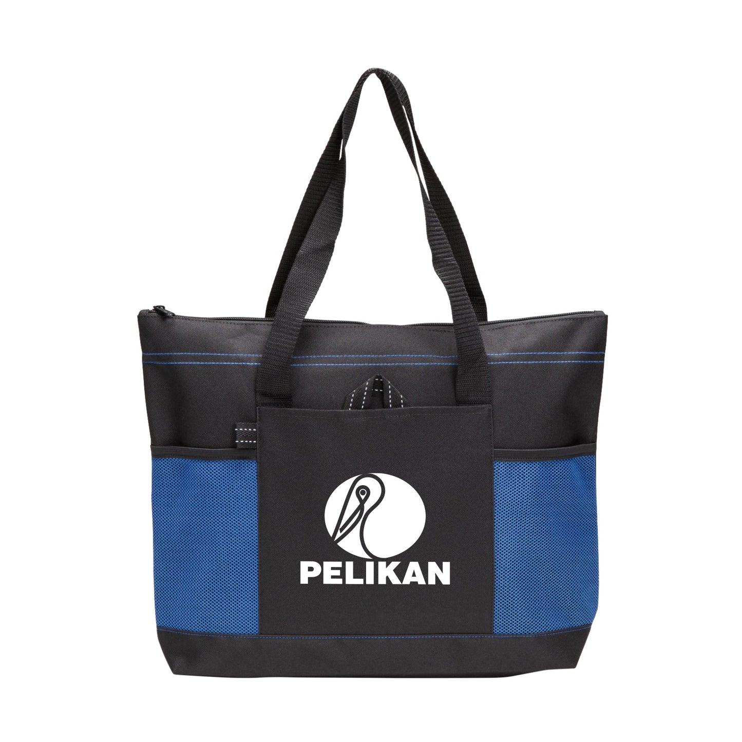 Black and blue tote bag with a front pocket and a logo printed on the front