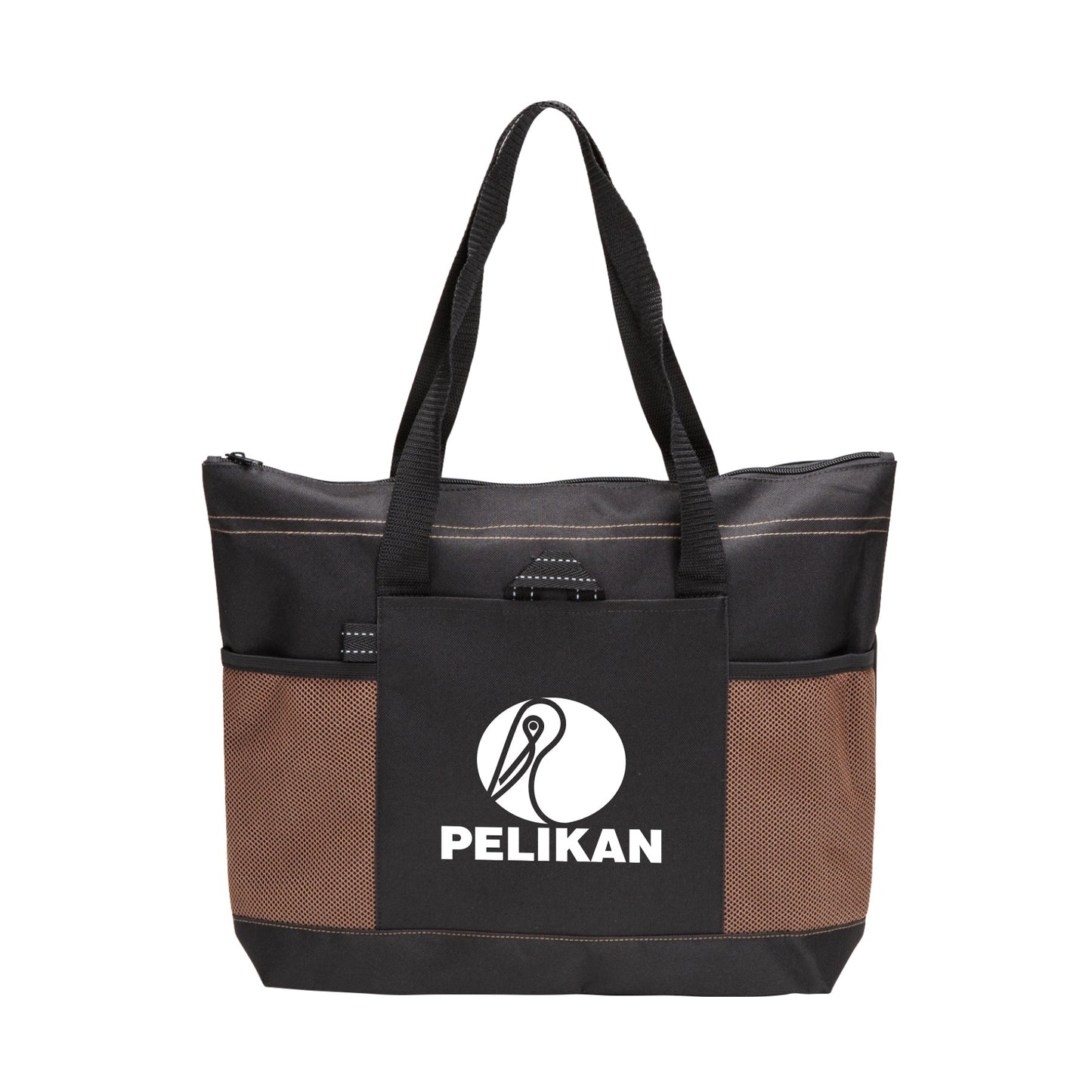 Black and brown tote bag with a front pocket and a logo printed on the front