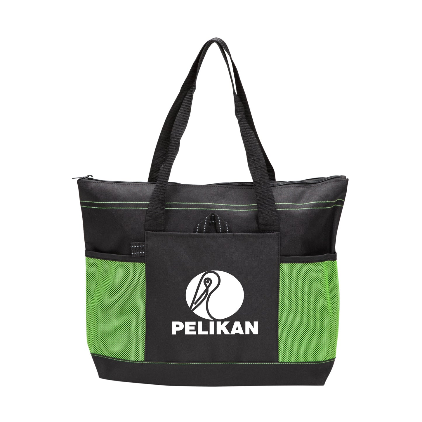 Black and green tote bag with a front pocket and a logo printed on the front