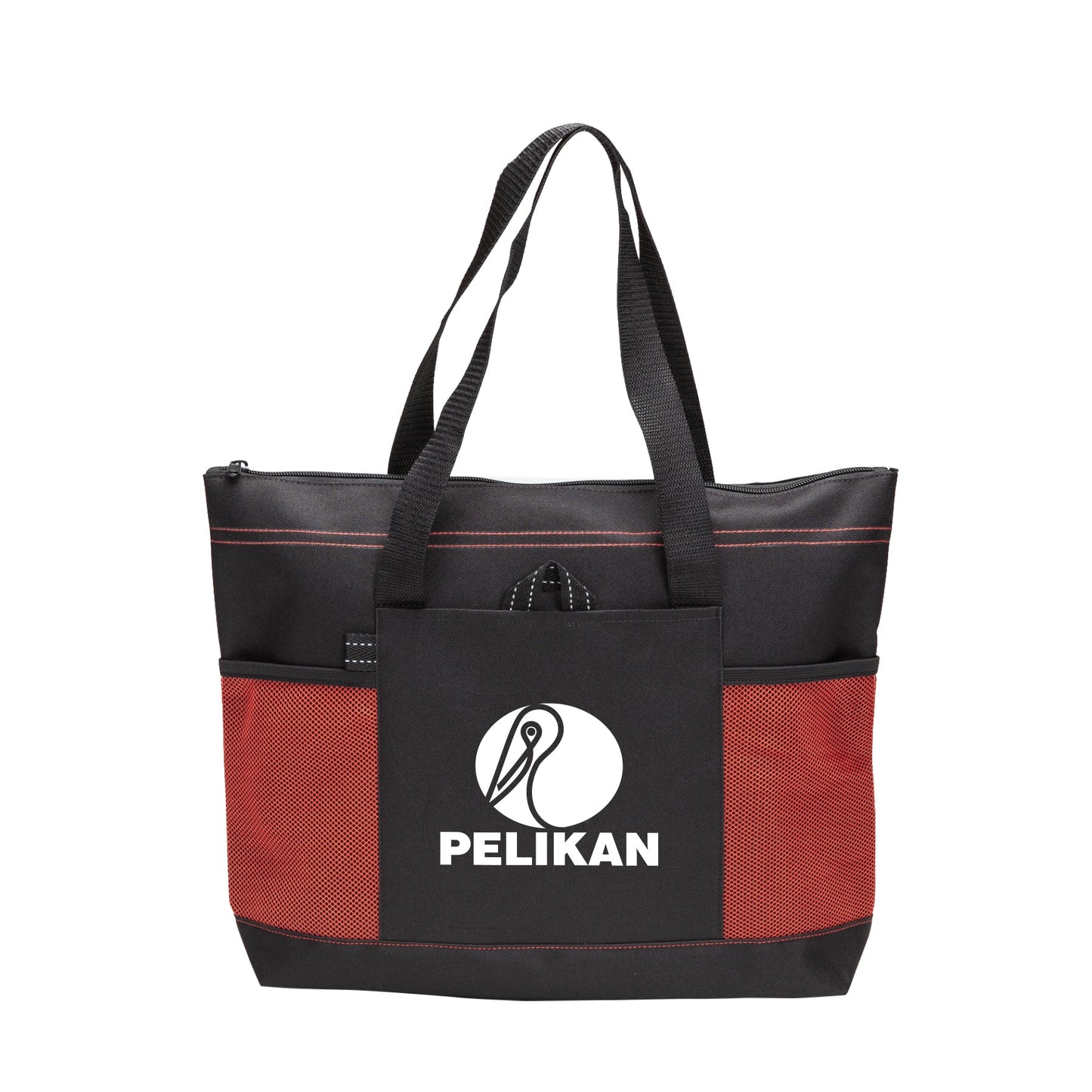 Black and red tote bag with a front pocket and a logo printed on the front