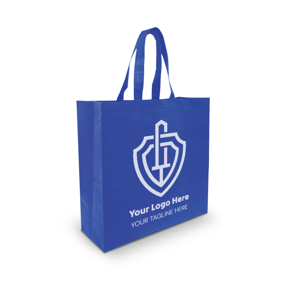 Blue reusable tote bag with a white shield-style custom logo and space for a tagline on the front.