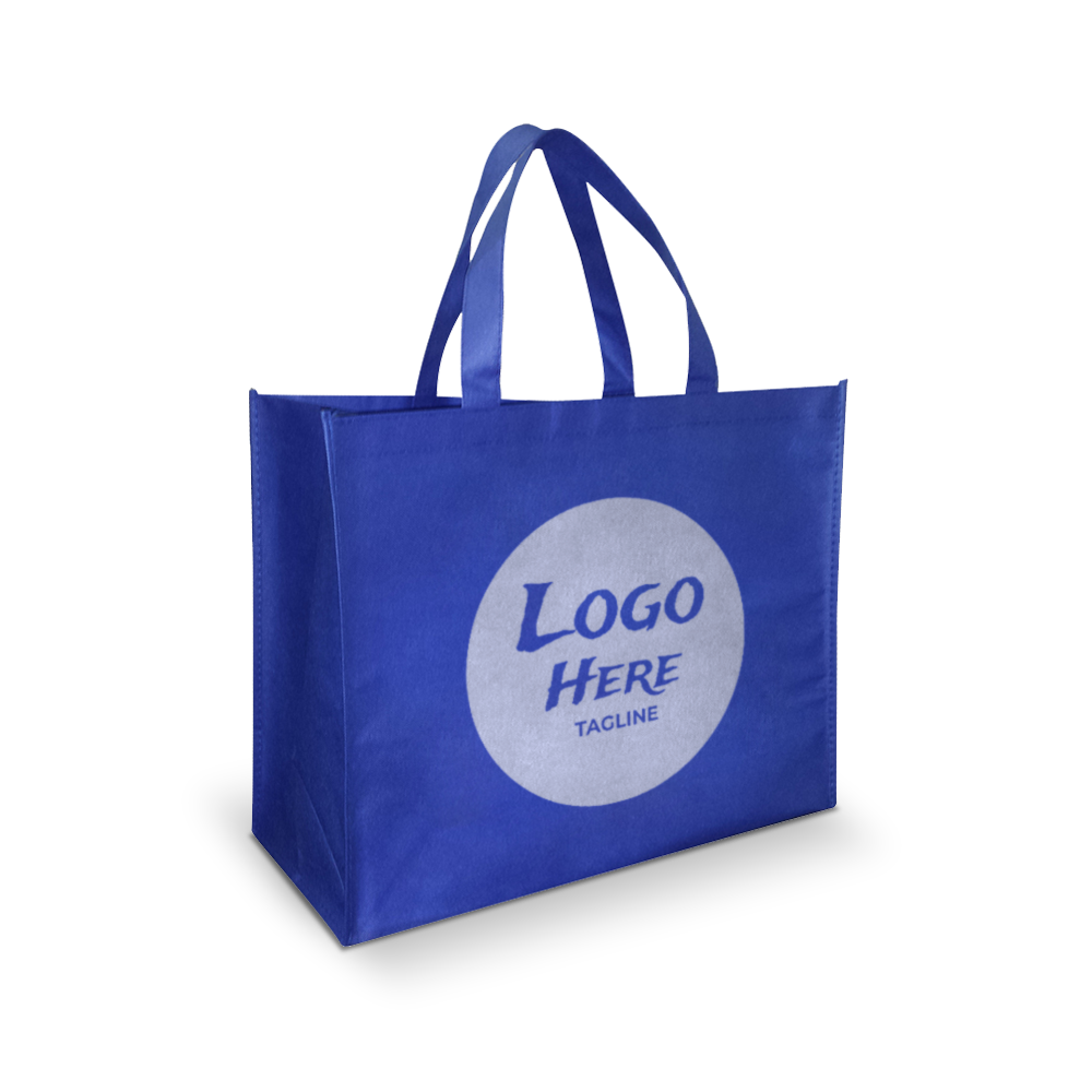Blue reusable tote bag with dual handles, featuring a large circular area on the front for a custom logo and tagline