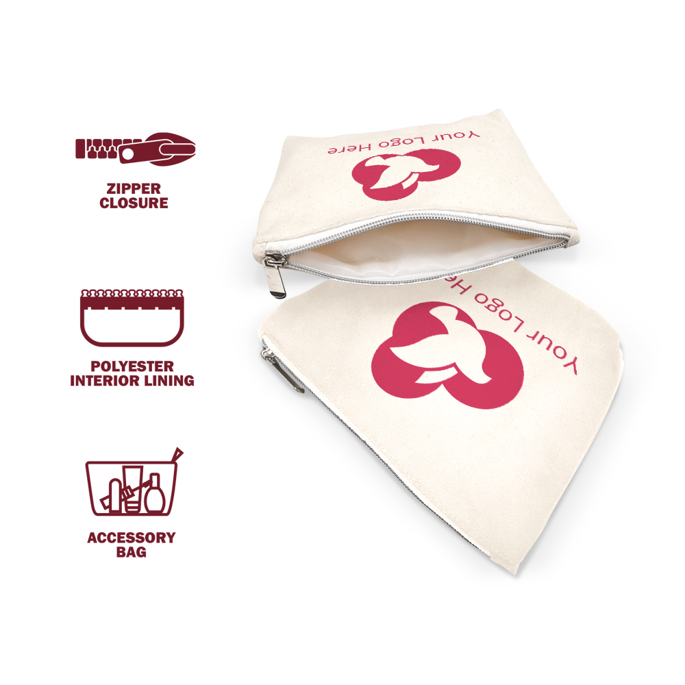 Canvas accessory bags with zipper closure and polyester interior lining, featuring custom logo.
