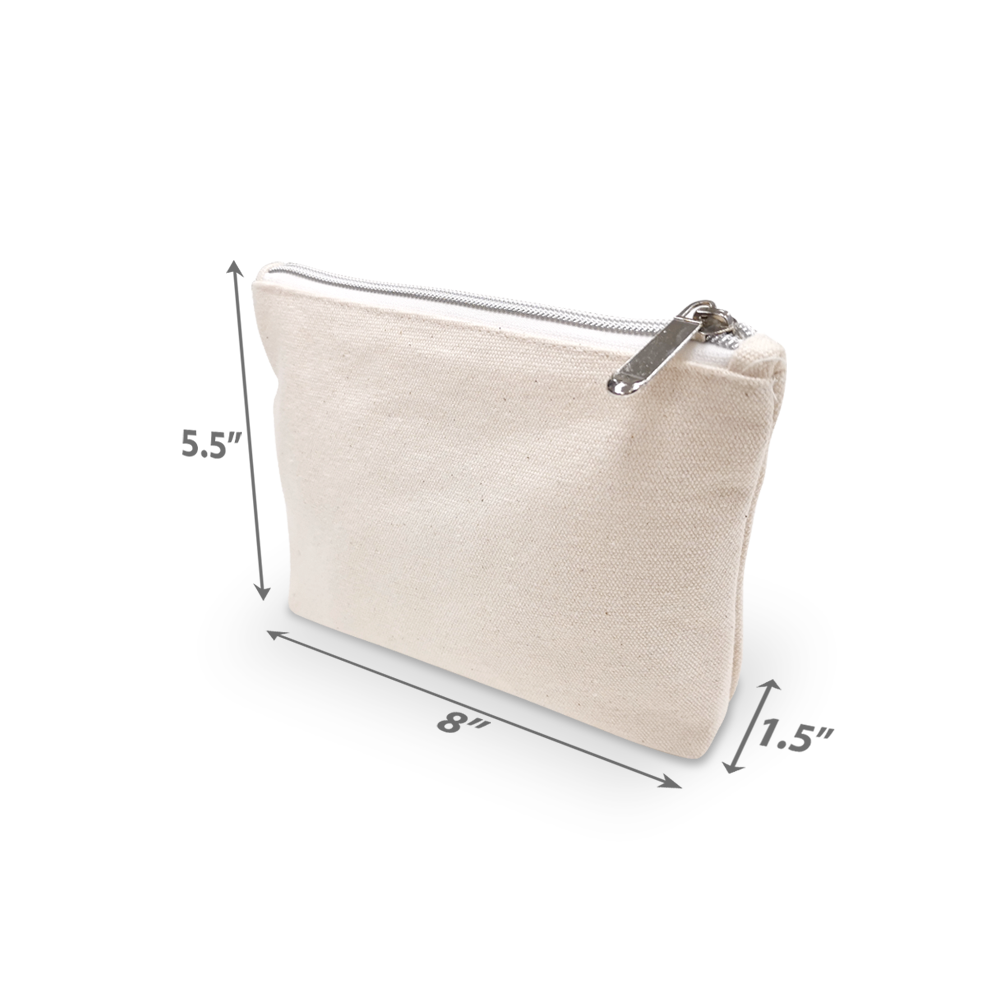 Plain natural canvas zipper pouch, measuring 8"W x 3.5"H x 2.5"D.