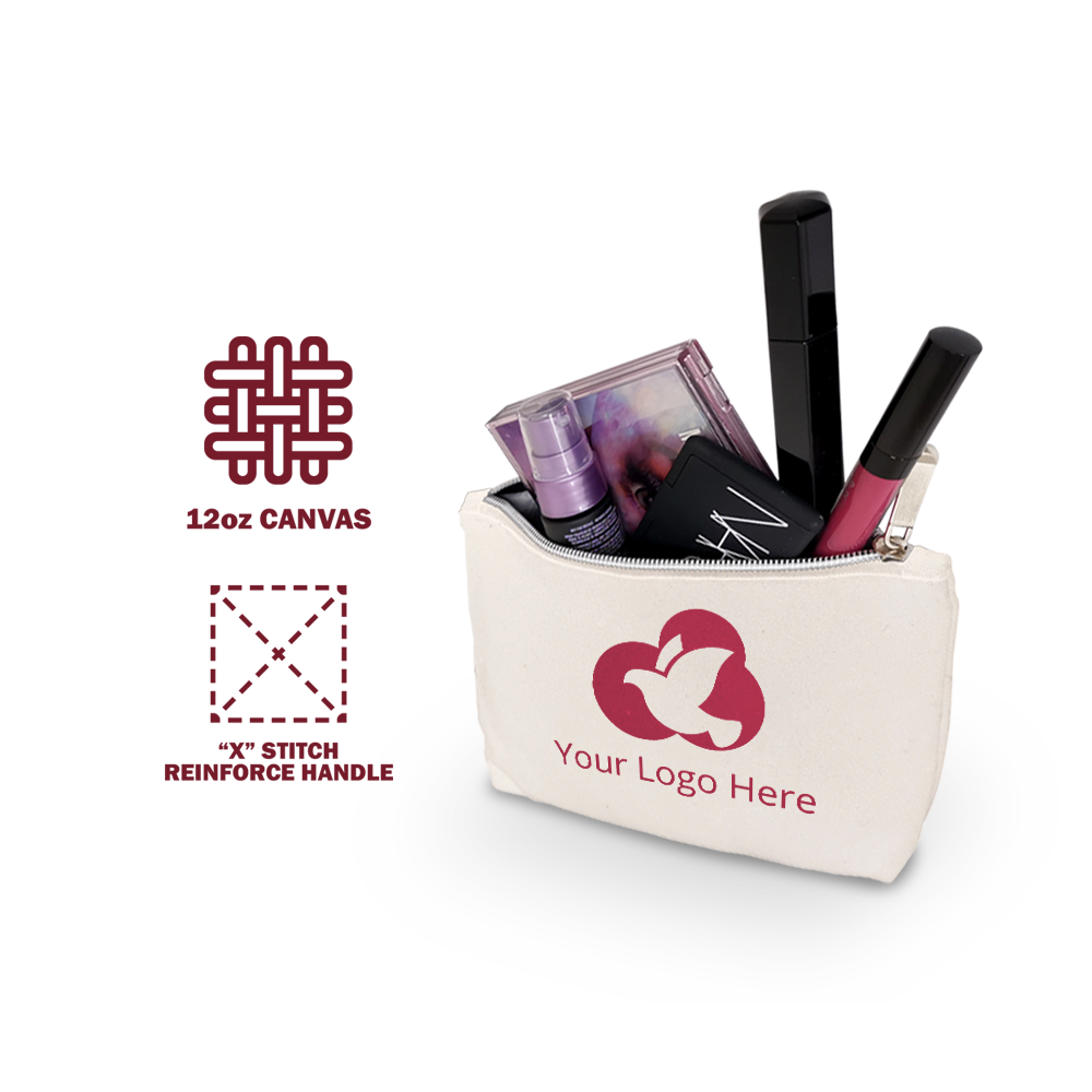 12oz canvas cosmetic pouch with zipper, shown holding beauty products and featuring a custom logo.