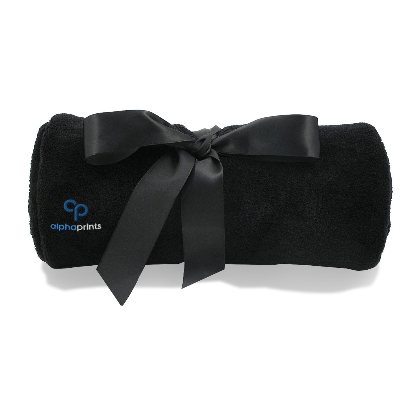 Rolled black blanket tied with a satin ribbon and embroidered with the 'alphaprints' logo.