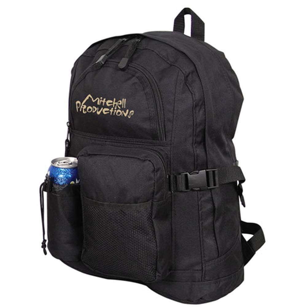Black backpack with multiple zippered compartments, mesh side pocket, adjustable side strap, and top carry handle