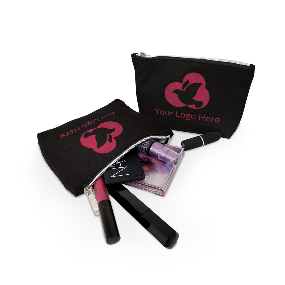 Two black zippered makeup pouches with pink custom logo and "Your Logo Here" text
