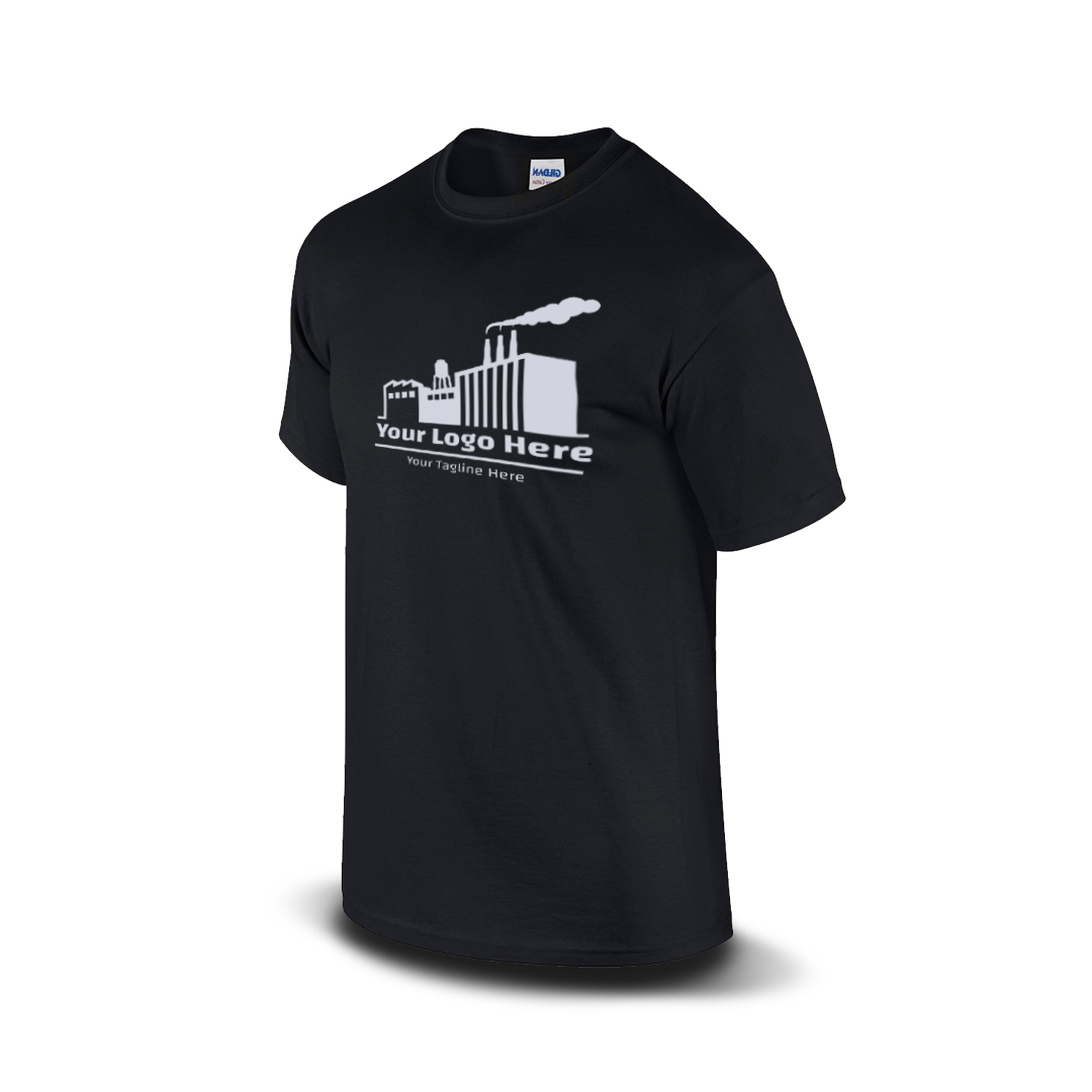 Black short-sleeve t-shirt with a white industrial factory logo and customizable tagline.