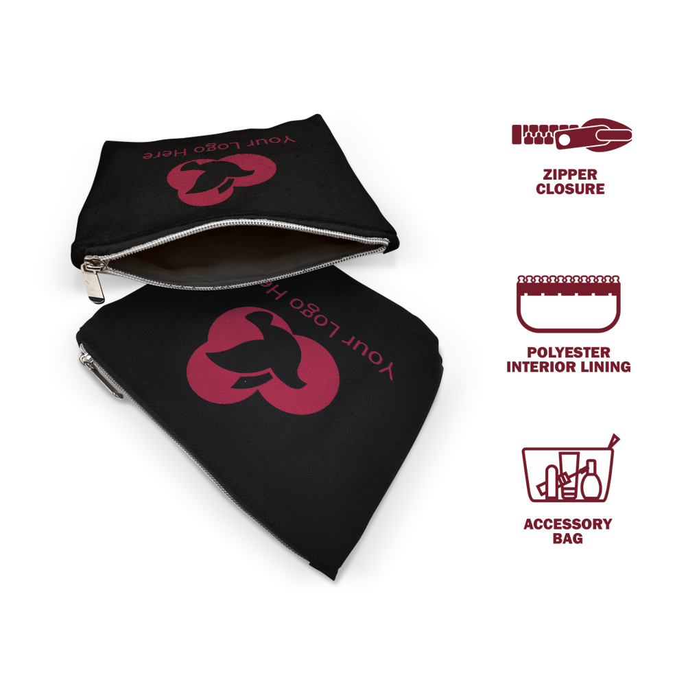 Two black accessory bags with zipper closures and custom pink logo
