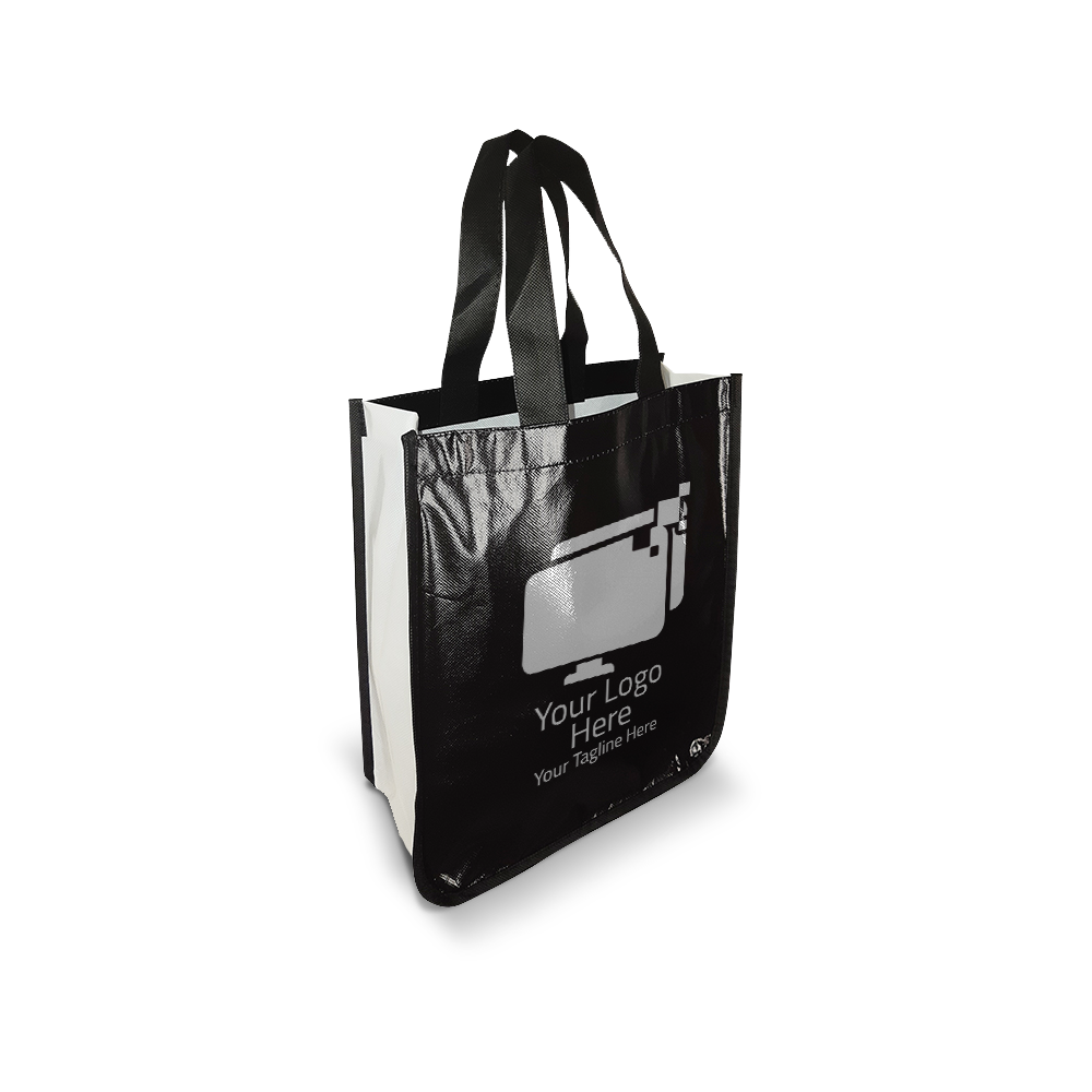 Black small laminated non-woven bag with curved bottom, white sides, and black handles, featuring a custom logo area.