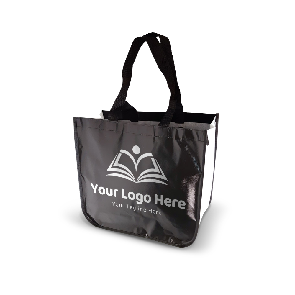 Glossy black promotional tote bag with white side panels, black handles, and a bold custom logo