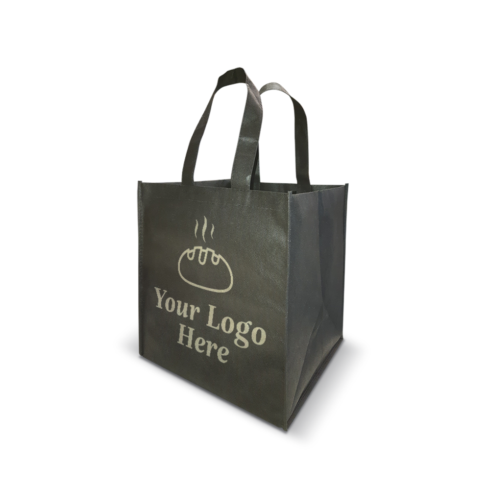 Black reusable tote bag with custom bakery-themed logo