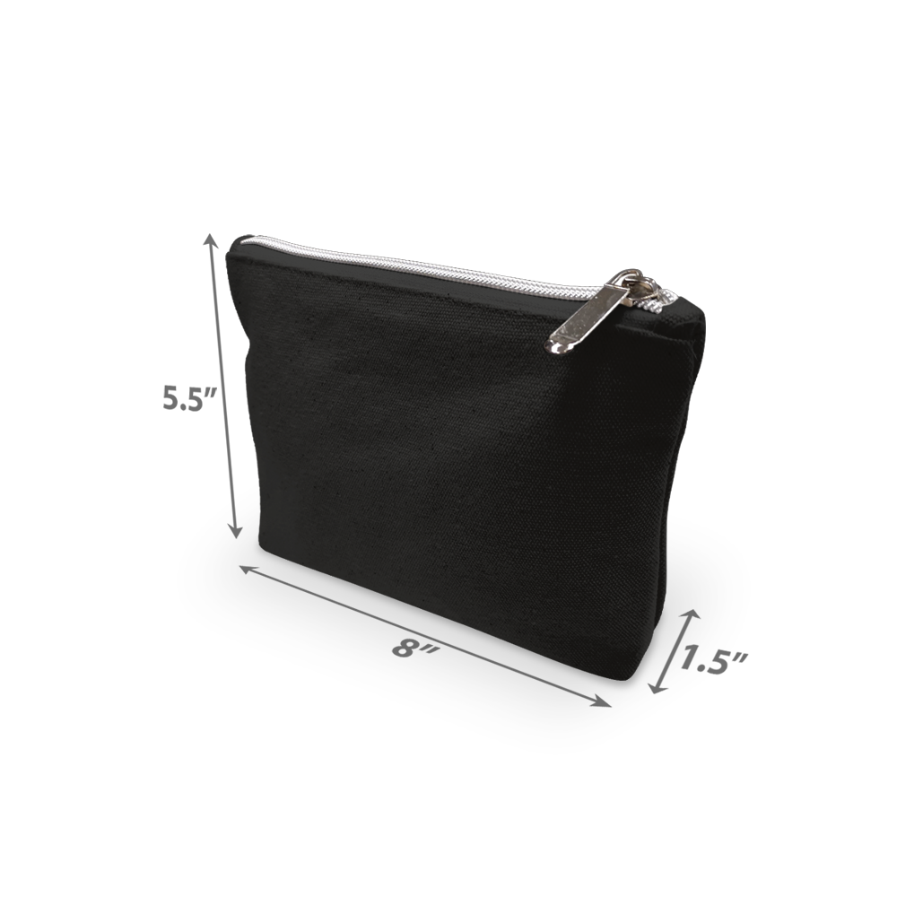 Black accessory pouch with silver zipper, approximately 5.5" in height, 8.5" in width, and 1.5" in depth.