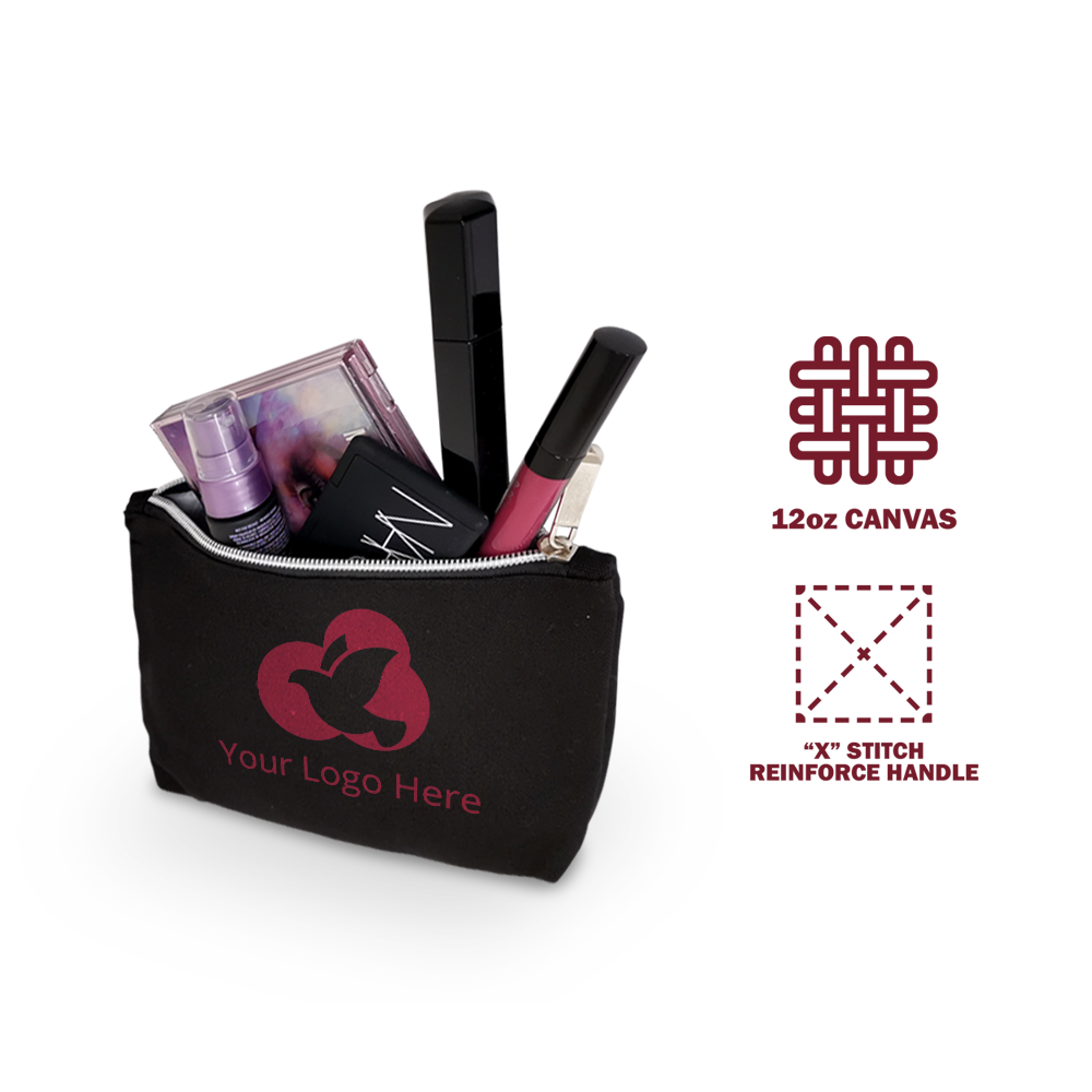 Black zippered accessory bag with a custom pink logo, filled with various makeup products including lipstick, spray bottle, and compact cases.