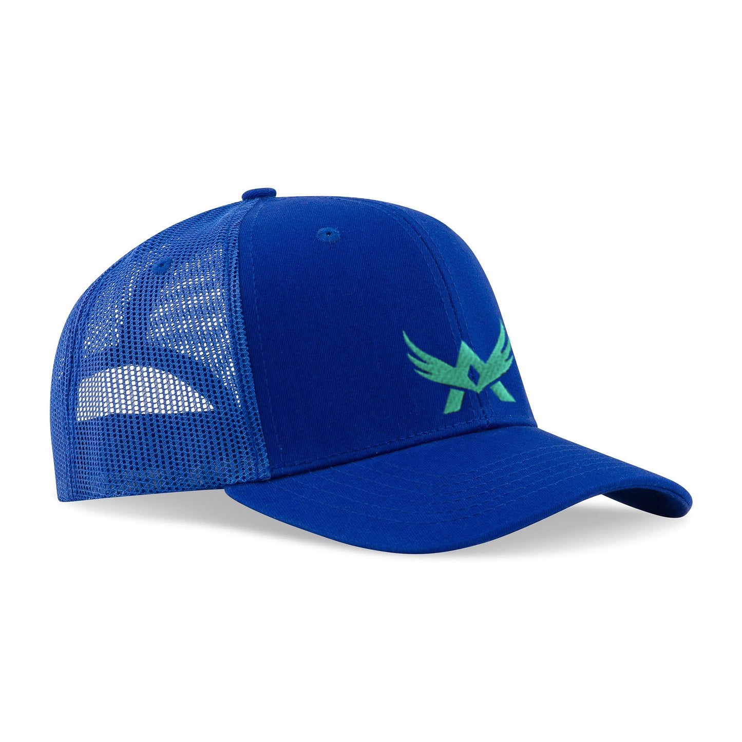 Front view of royal blue mesh cap with green logo on the crown