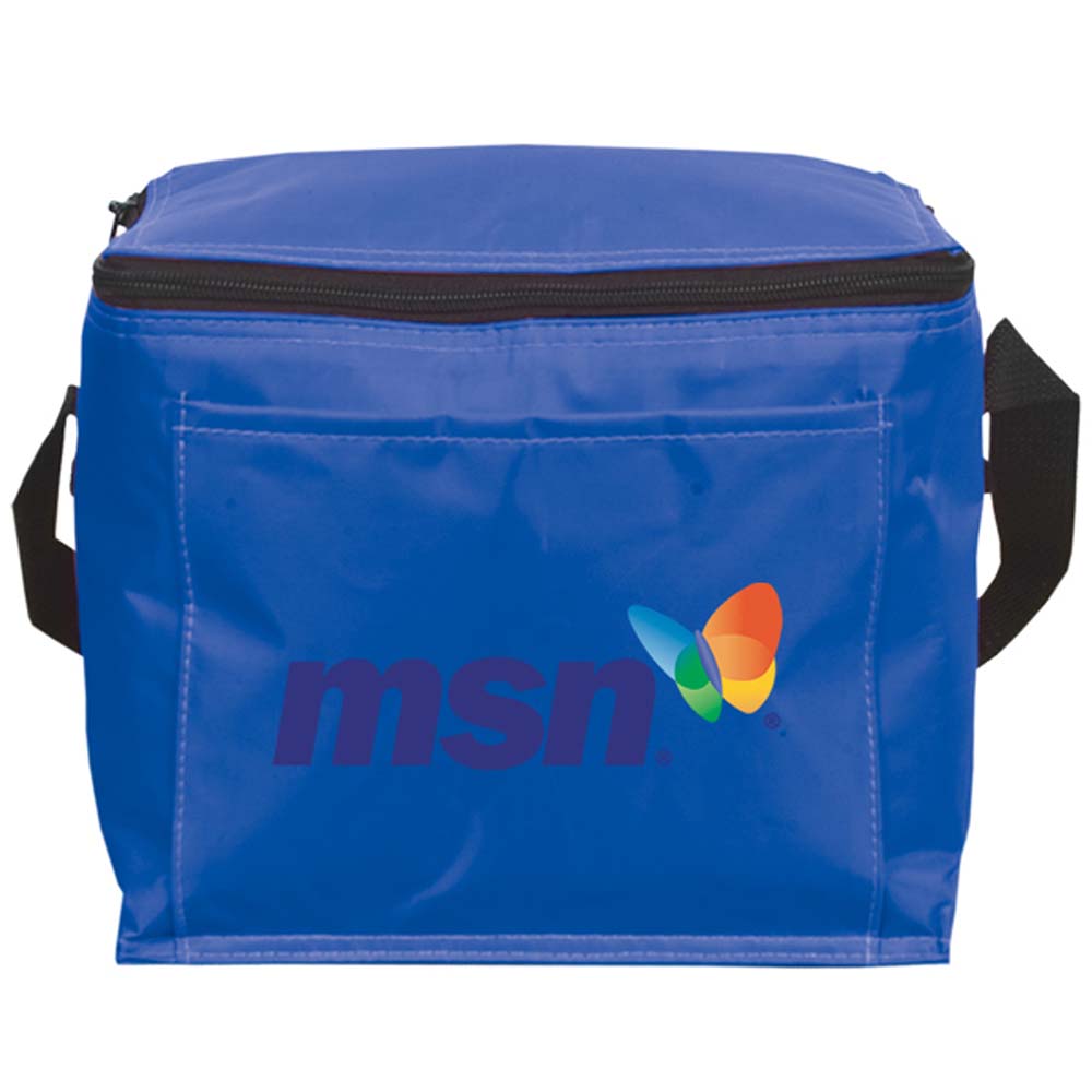 Blue custom insulated lunch cooler bag with black handles and logo