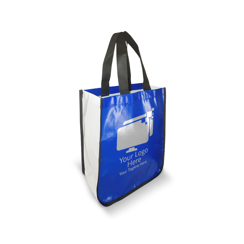 Blue small laminated non-woven bag with curved bottom, white sides, and black handles, ideal for custom branding