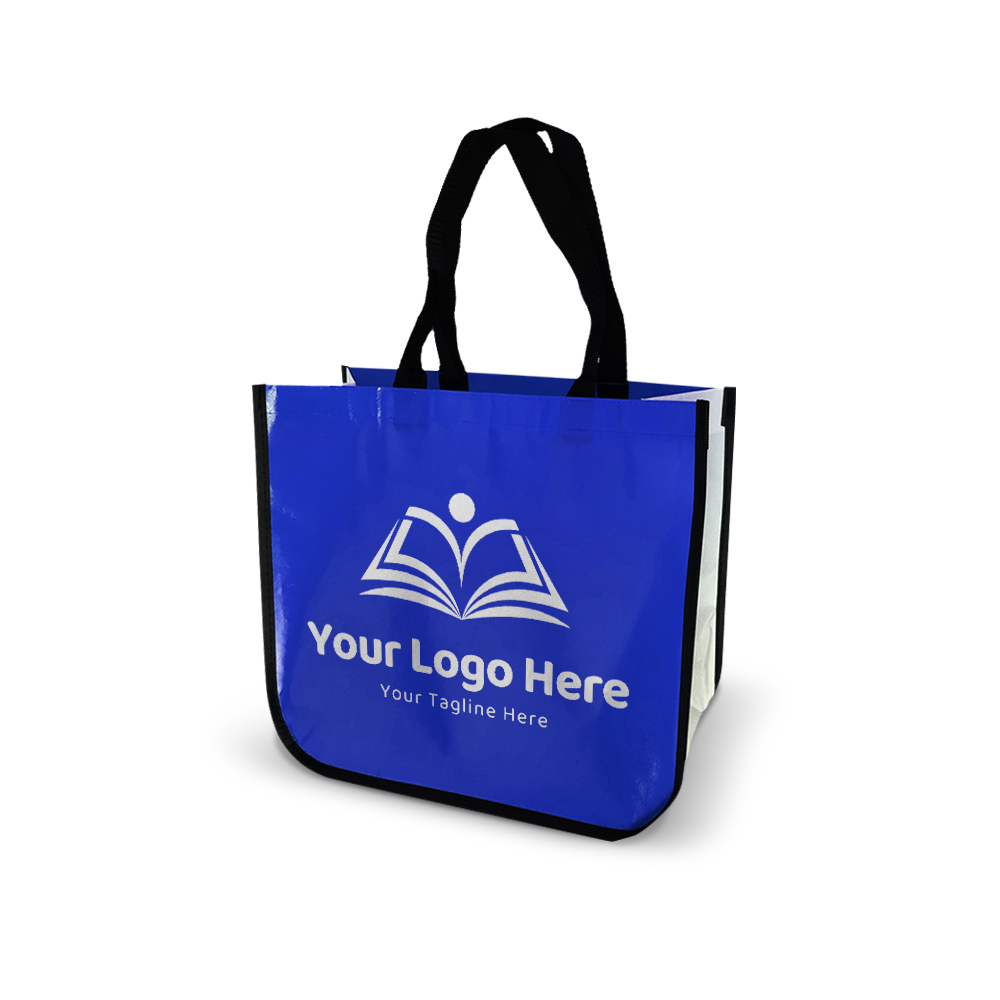 Glossy blue promotional tote bag with white side panels, black handles, and a bold custom logo