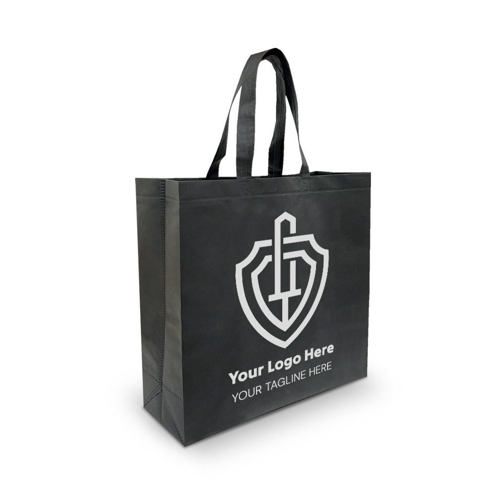 Black reusable tote bag with a white shield-style custom logo and space for a tagline on the front.
