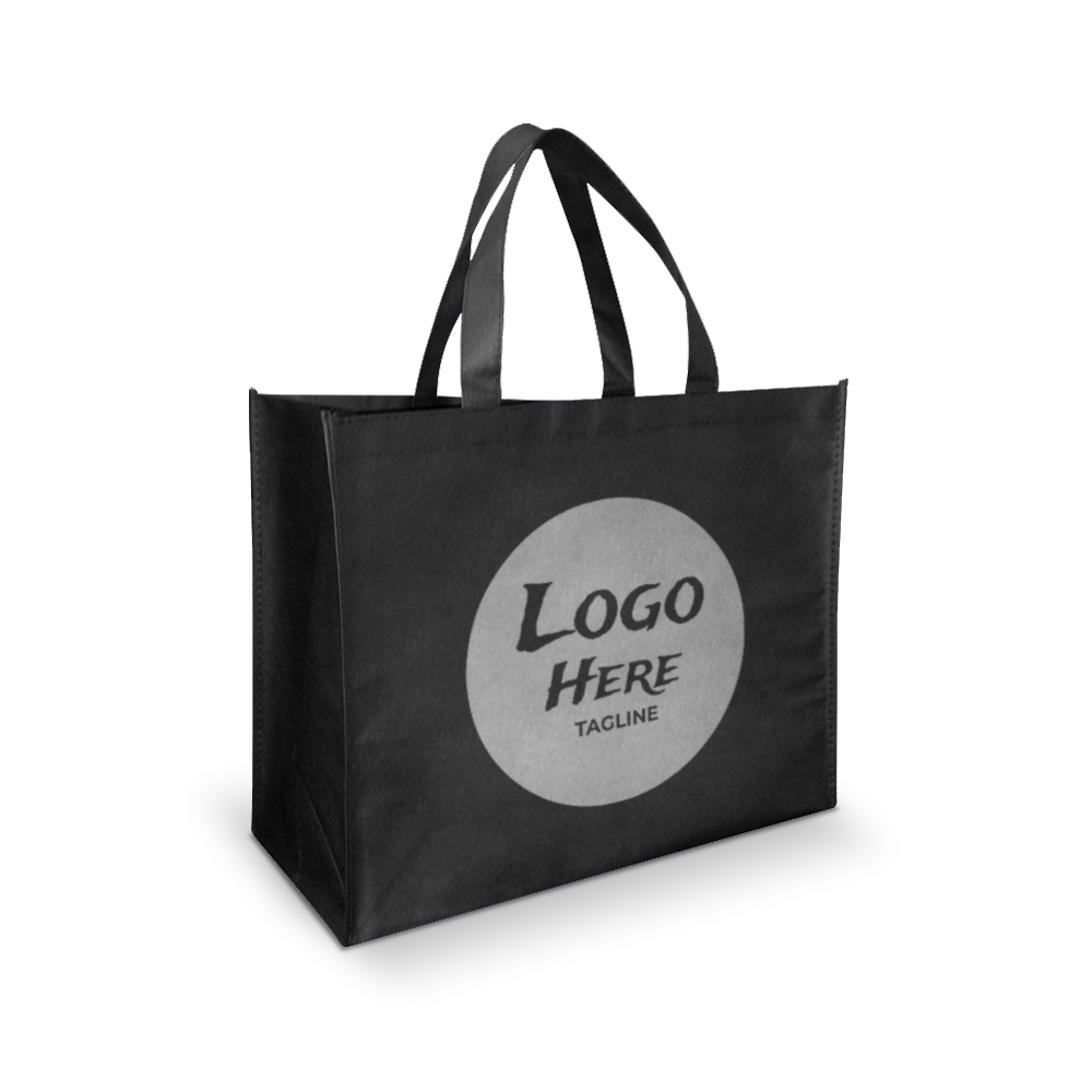 Black reusable tote bag with dual handles, featuring a large circular area on the front for a custom logo and tagline