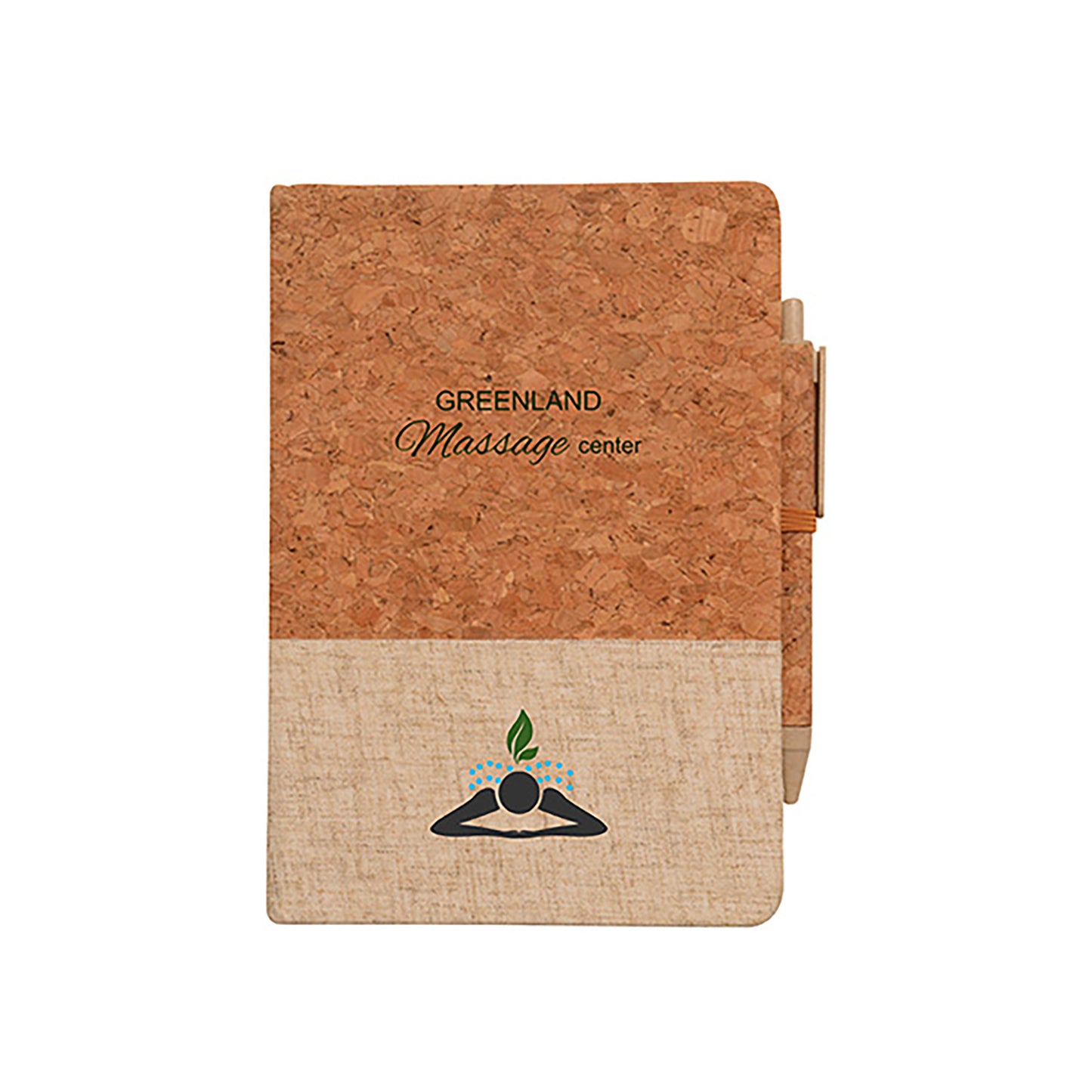 Montado cork and linen journal featuring a cork upper half, beige linen bottom half, custom-printed 'Greenland Massage Center' logo on the cork portion, and a colorful massage icon on the linen, with a matching cork-covered pen attached