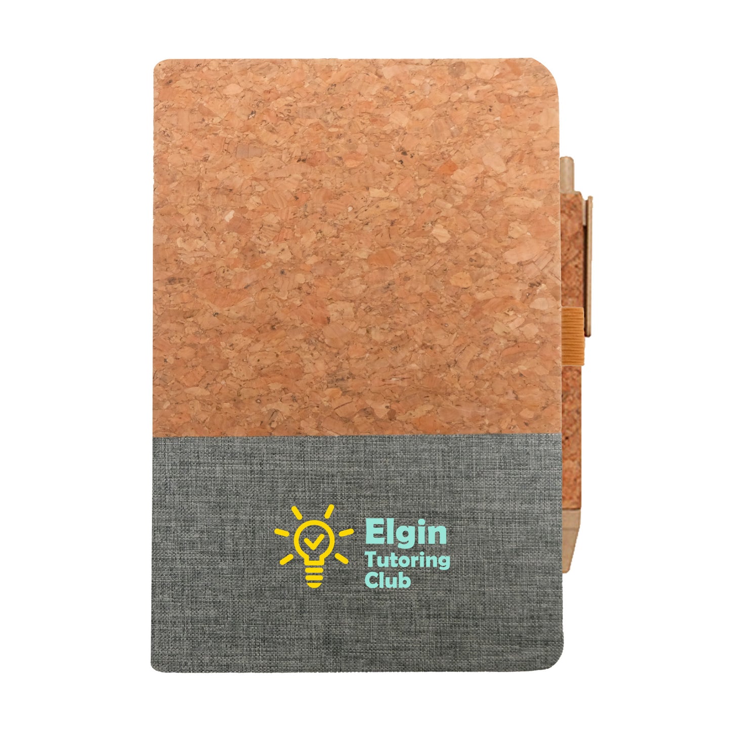 Montado journal with cork top cover and gray linen fabric bottom, featuring the 'Elgin Tutoring Club' logo with a yellow lightbulb icon, and a matching cork-covered pen secured on the side.