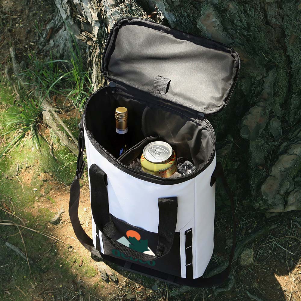 Top-down view of white and black insulated wine cooler tote with open lid