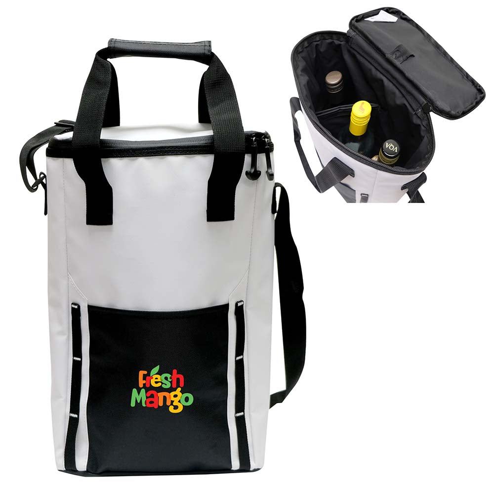 White and black insulated wine cooler tote with logo – holds multiple bottles