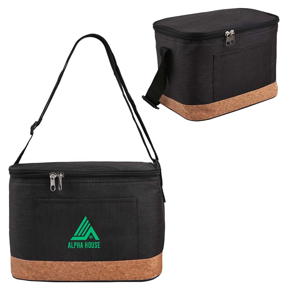 Front and back views of black insulated cooler bag with cork base, zippered closure, adjustable strap, and custom logo